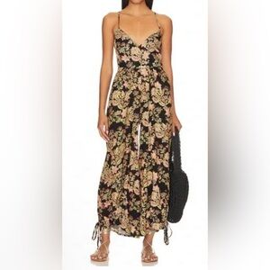Free People Black with Floral Pattern Wide Leg Backless Jumpsuit - Size S